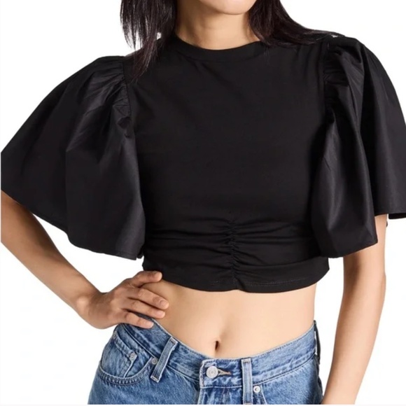 En Saison Black Cropped Puff Wide Short Sleeve Natalie Top Size Small - Picture 1 of 6
